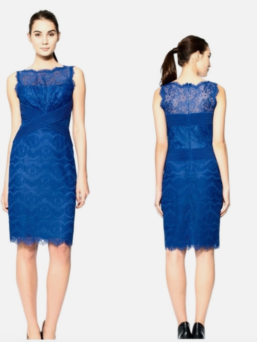 Brand New Tadashi Shoji Chantilly Lace Boatneck Sheath Dress Mystic Blue Size 6